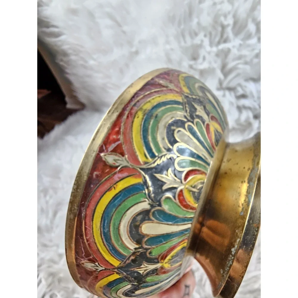 Vintage Beautiful Antique Brass Enamel Bowl with Unicorn - Pedestal Mughal Morad